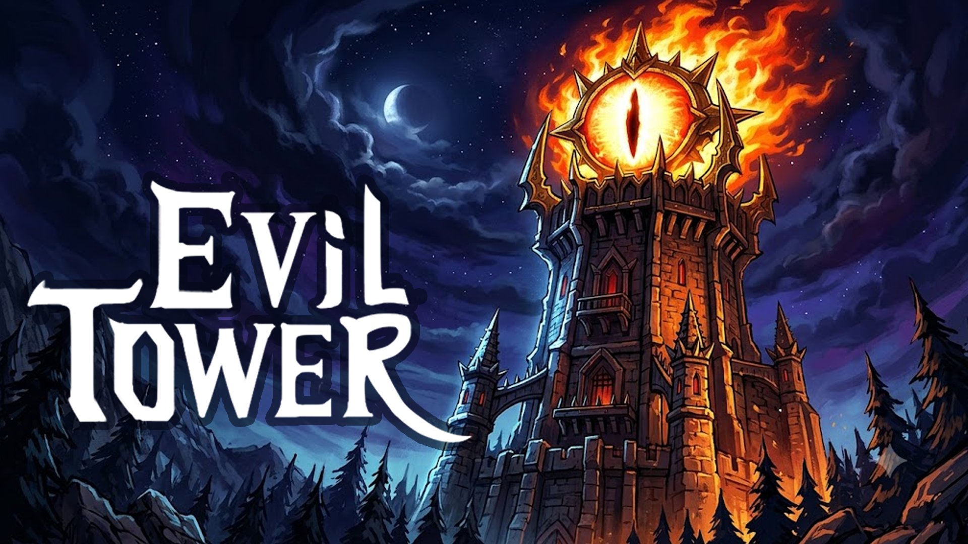Evil Tower cover art showing a dark fortress beneath a glowing eye
